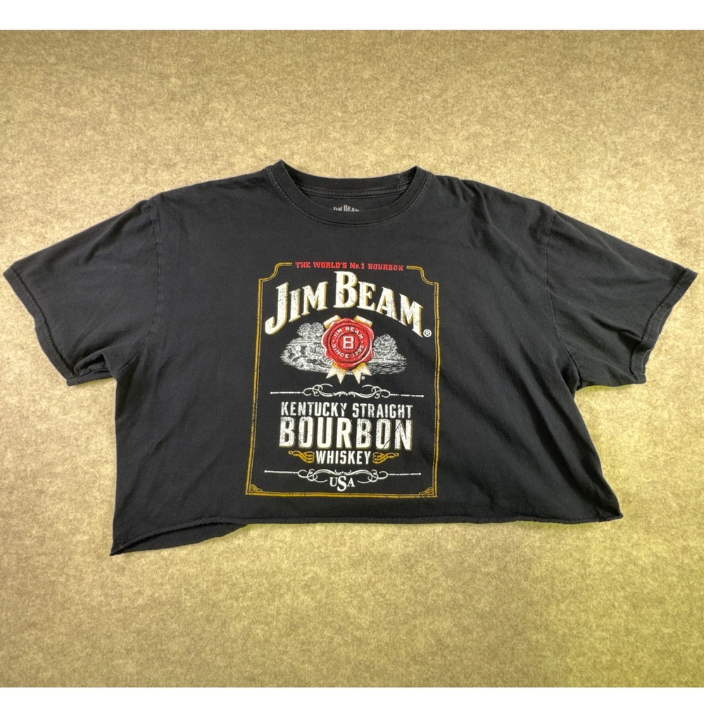 Jim Beam Bourbon Whiskey Women's Cropped T-Shirt Size L Black Graphic Tee‎